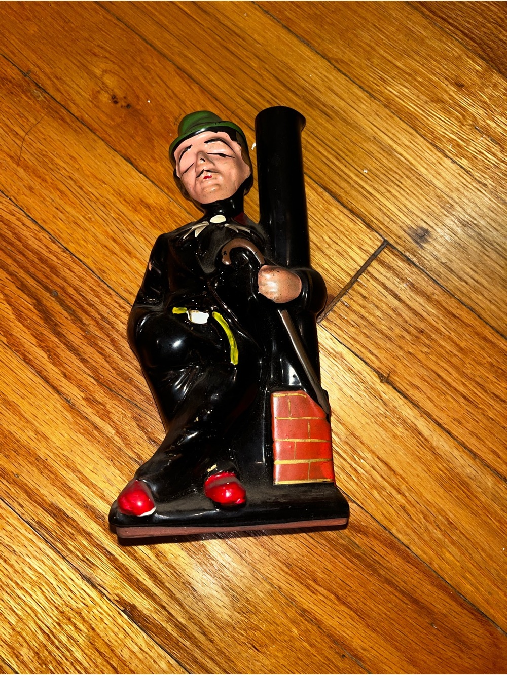 Glossy Black Chimney Sweep Figurine with Green Hat and Red Shoes
